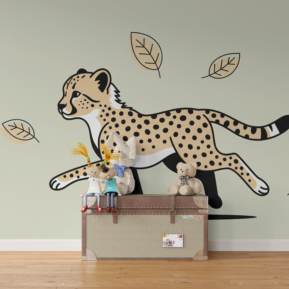 Nature-themed leopard mural wallpaper for modern kids playroom by Kids-Mundo