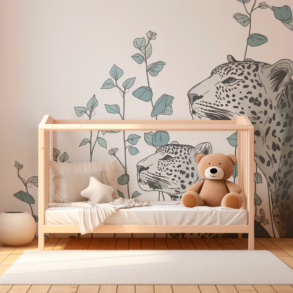 Elegant leopard and foliage mural wallpaper for stylish kids playroom by Kids-Mundo