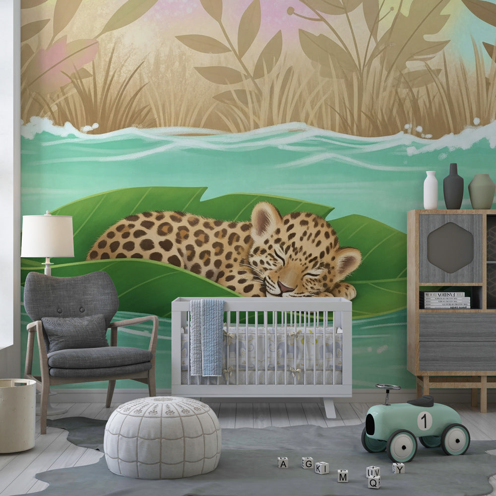 Safari animal mural wallpaper with sleeping leopard for calming kids playroom decor