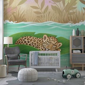 Safari animal mural wallpaper with sleeping leopard for calming kids playroom decor
