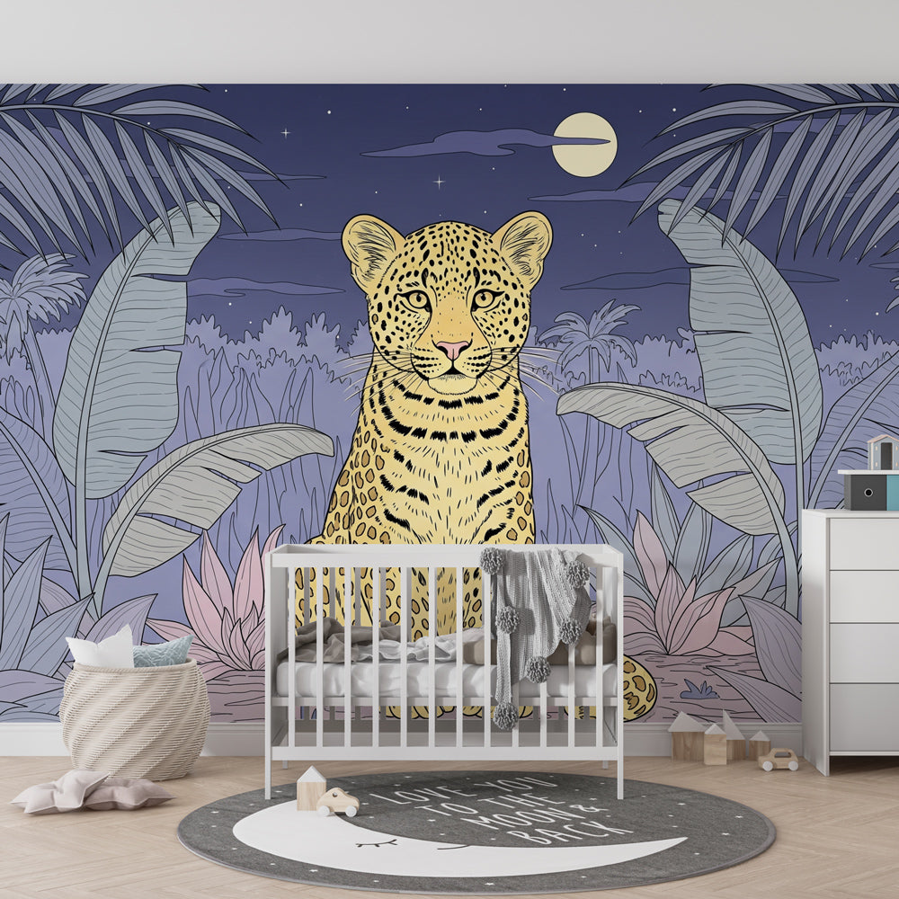 Safari leopard mural wallpaper transforming children's room into peaceful jungle retreat
