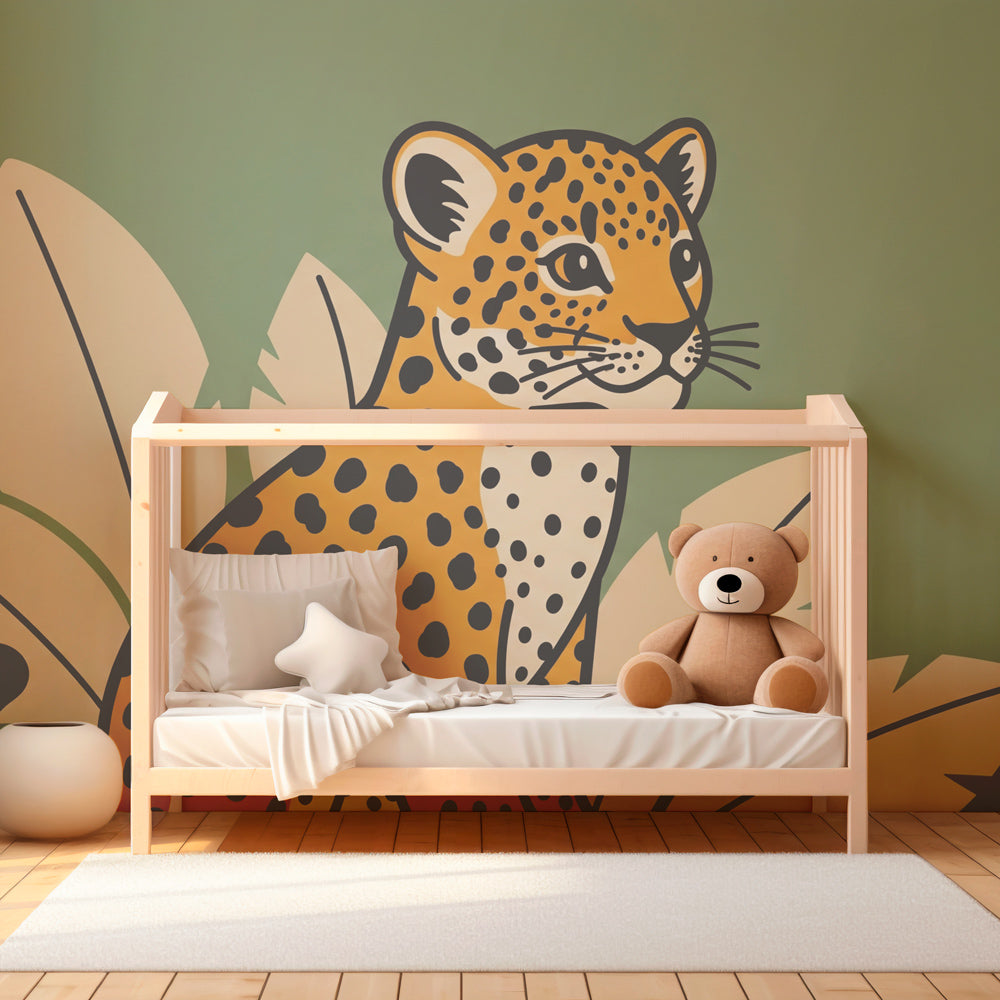 Safari leopard wallpaper creating jungle adventure theme in kids bedroom with green foliage