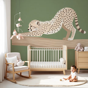 Leopard mural wallpaper creating safari atmosphere in modern kids nursery by Kids-Mundo