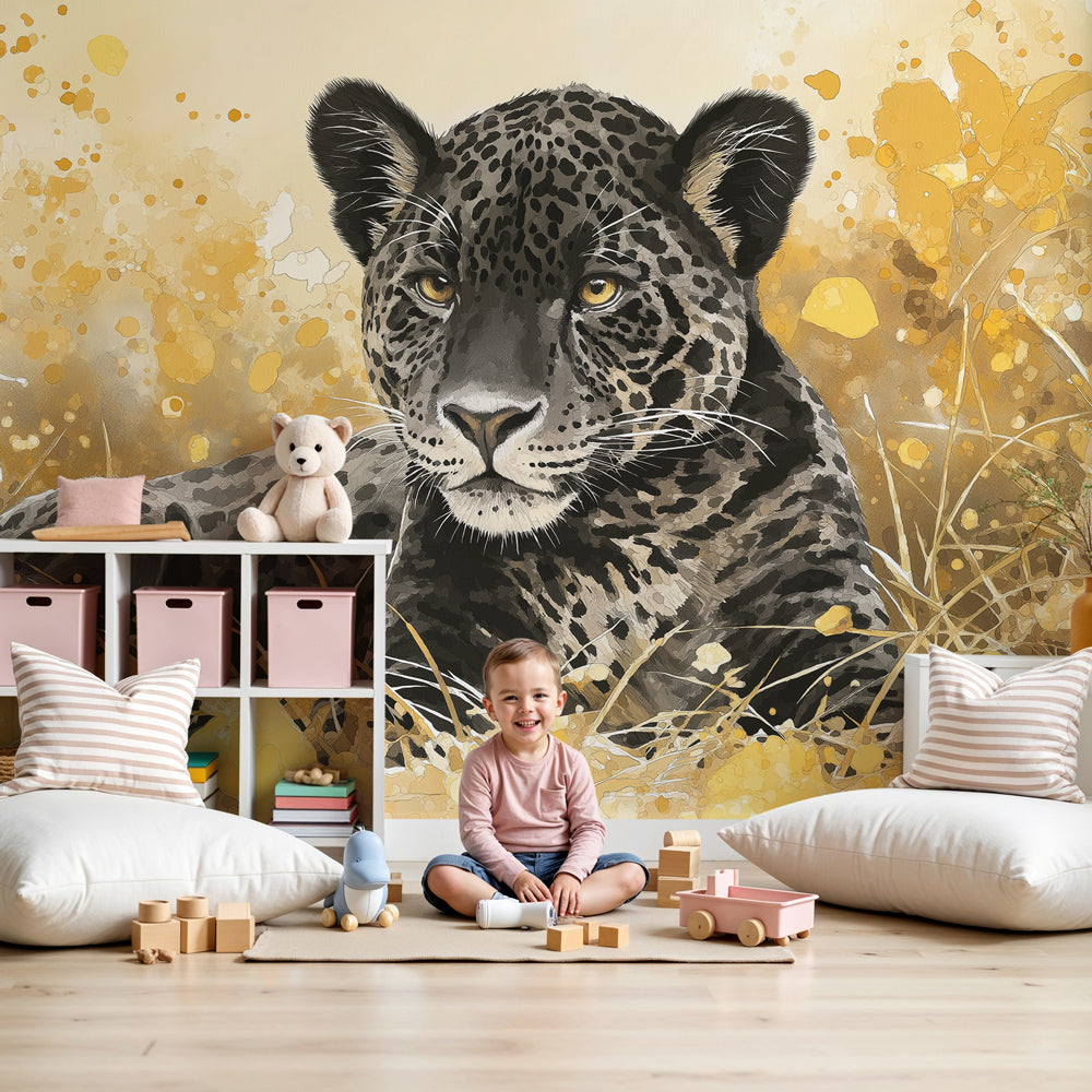 Leopard mural wallpaper creating adventurous safari nursery decor with golden savanna tones by Kids-Mundo