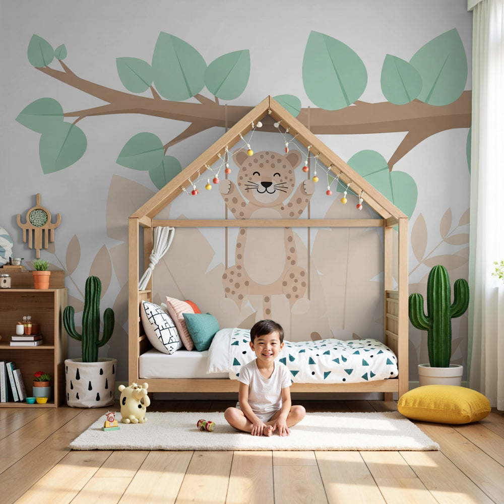 Playful leopard mural wallpaper creating safari-themed nursery decor by Kids-Mundo