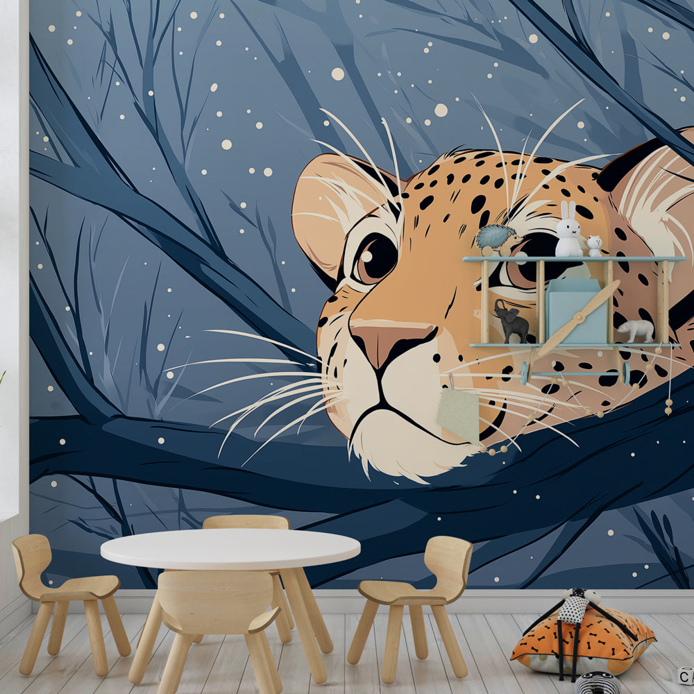 Snowy leopard mural wallpaper showcasing winter wildlife theme in kids room by Kids-Mundo