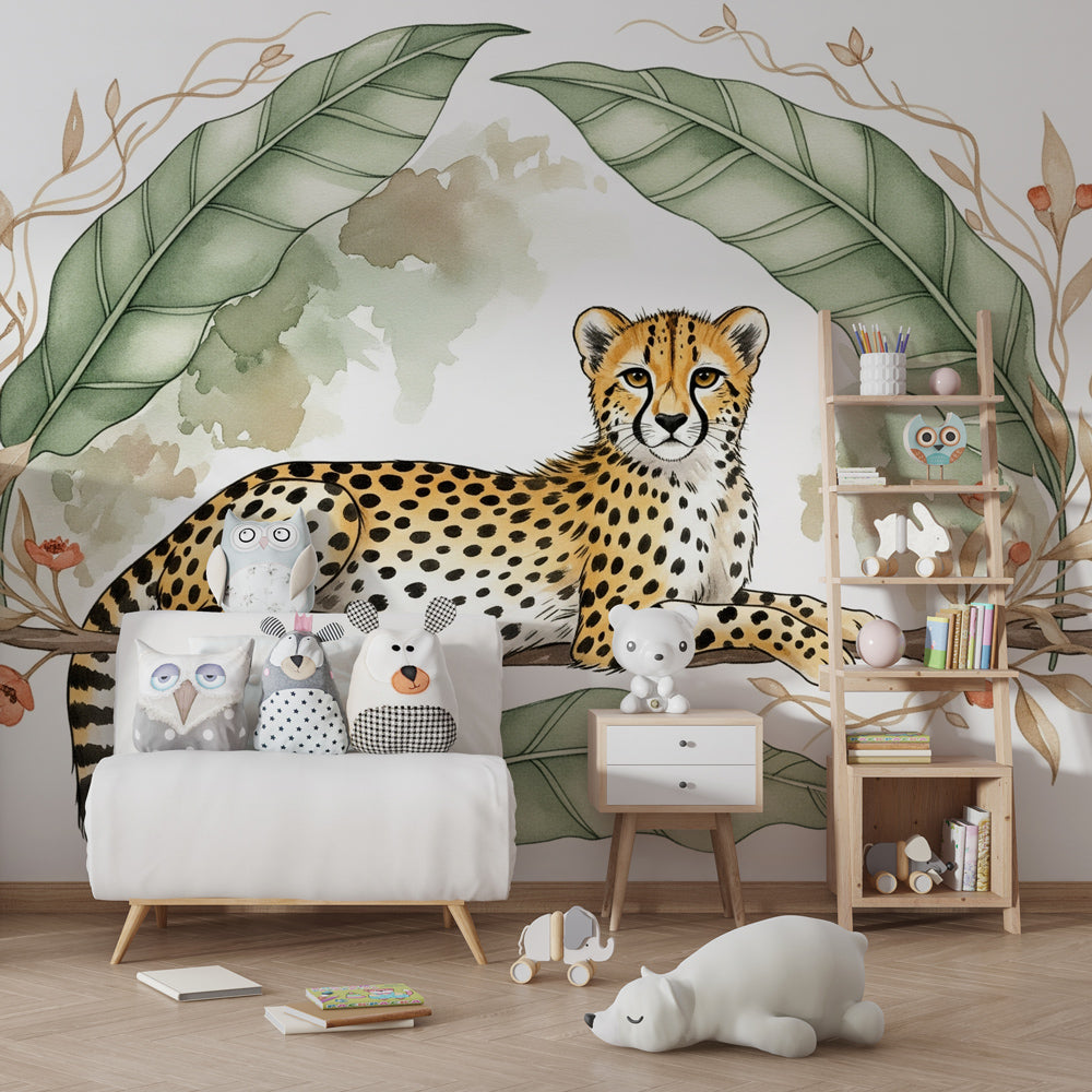 Tropical leopard wallpaper with lush foliage in modern children's bedroom by Kids-Mundo
