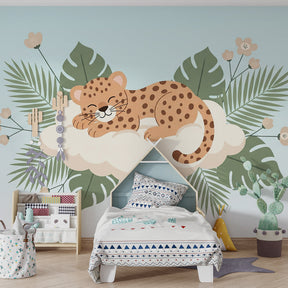 Tropical leopard mural wallpaper with botanical elements for children's room by Kids-Mundo