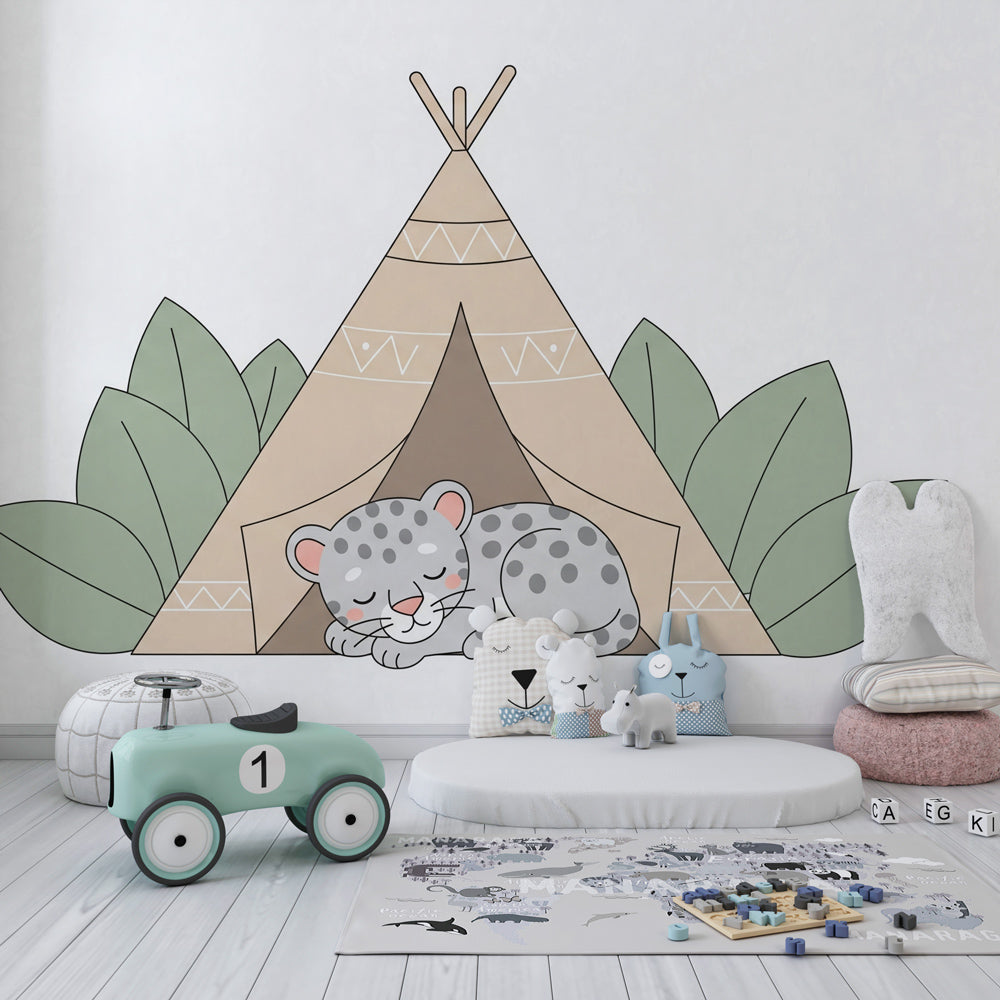 Tropical leopard tipi mural wallpaper with green foliage creating adventure-themed playroom by Kids-Mundo