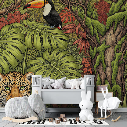Kids-Mundo close-up leopard wall mural with toucan on a kids bedroom wall