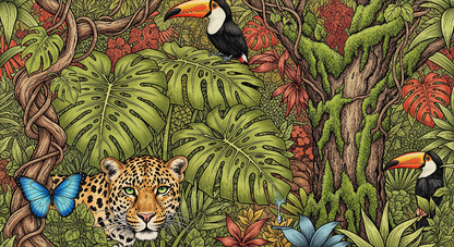 Kids-Mundo flat artwork of a leopard and toucan jungle mural with mossy trees