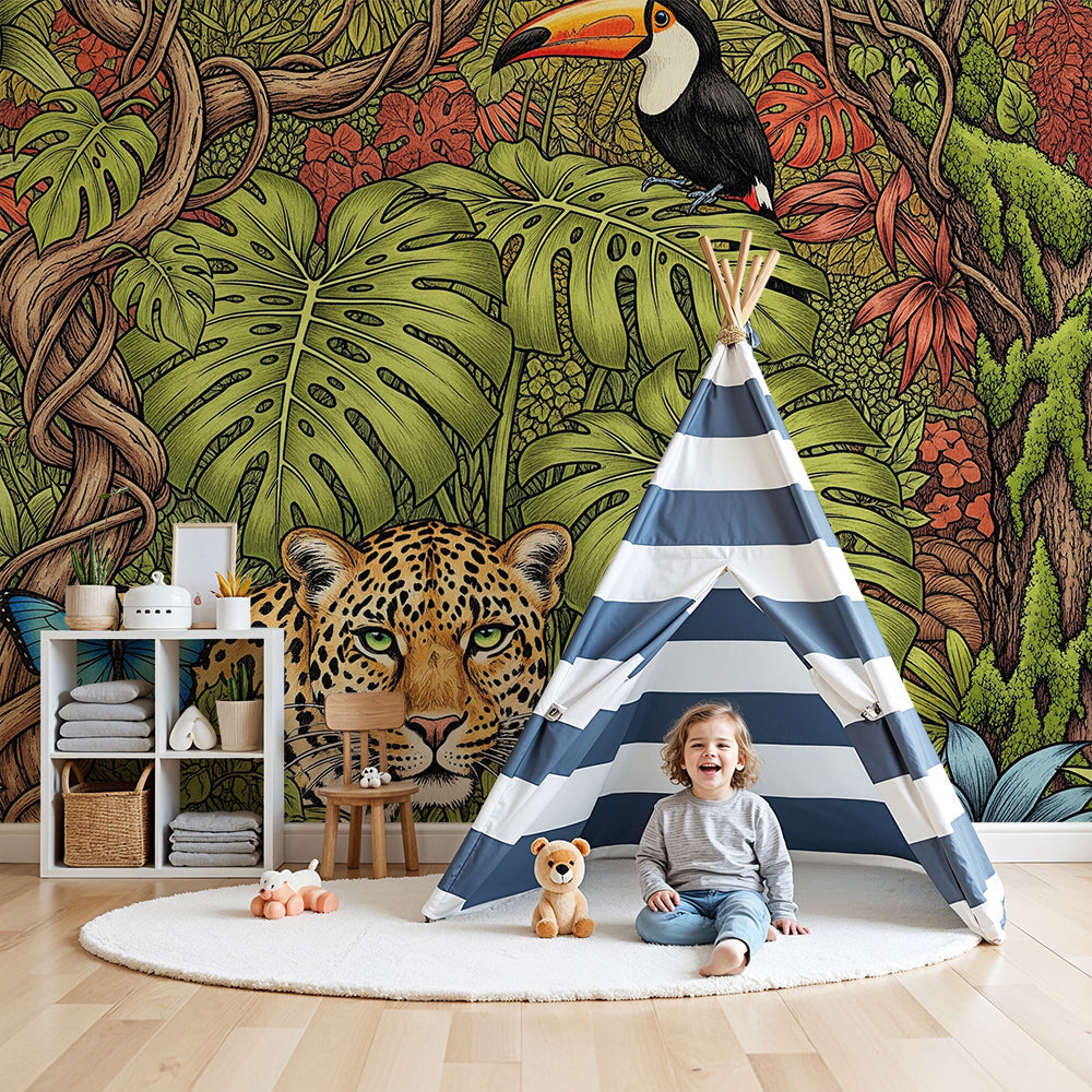 Kids-Mundo leopard and toucan jungle wall mural shown in a calm nursery