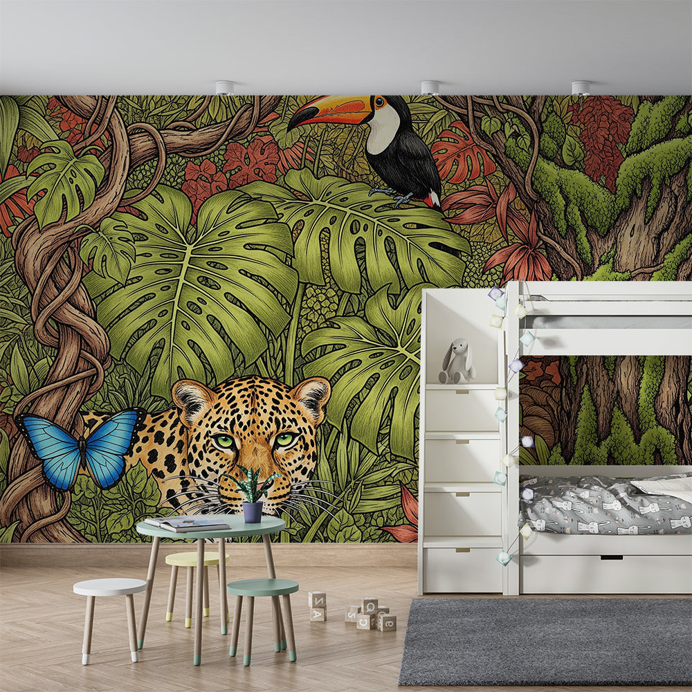 Kids-Mundo jungle leopard and toucan wall mural featured in a playroom