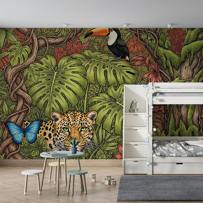Kids-Mundo jungle leopard and toucan wall mural featured in a playroom