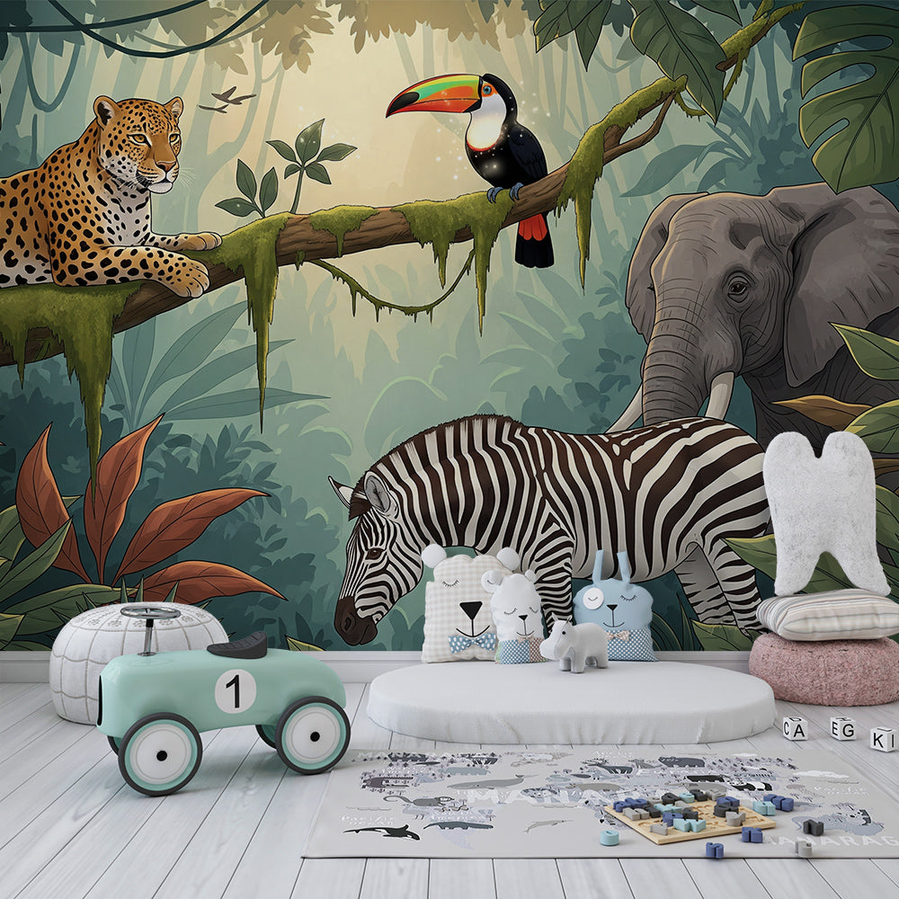 Kids-Mundo leopard, toucan and elephant jungle mural styled in an adventurous kids bedroom