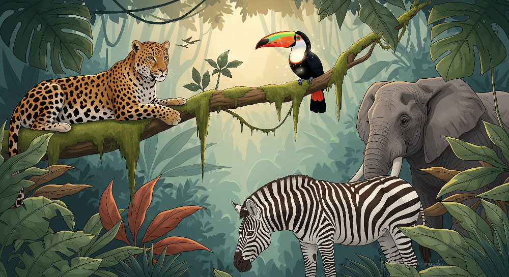 Leopard, Toucan and Elephant Jungle Wall Mural