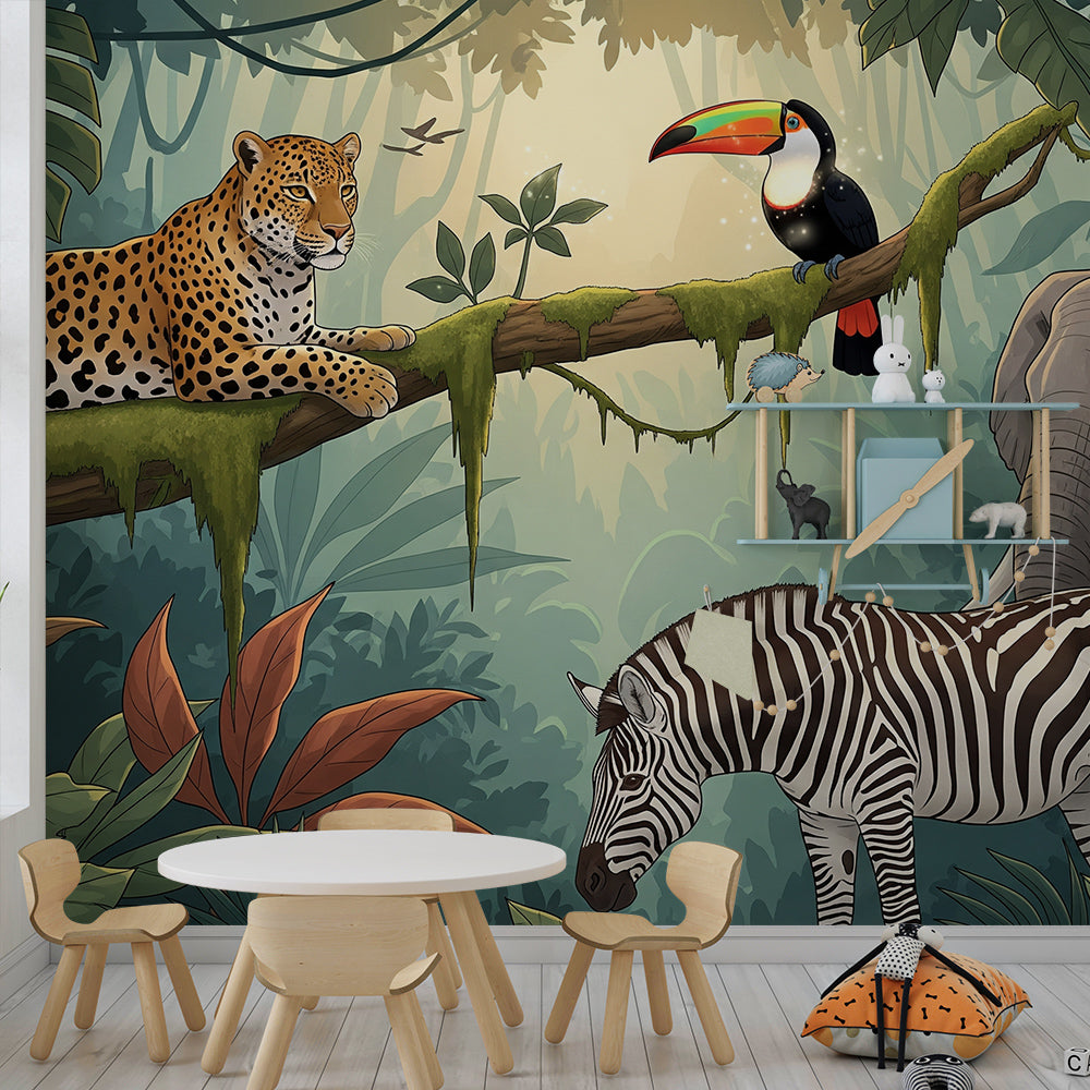 Kids-Mundo jungle animal wall mural bringing a rainforest scene to a playful kids' playroom