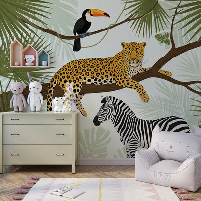 Kids-Mundo leopard and zebra jungle wall mural in a kids bedroom with bed and wooden shelving.