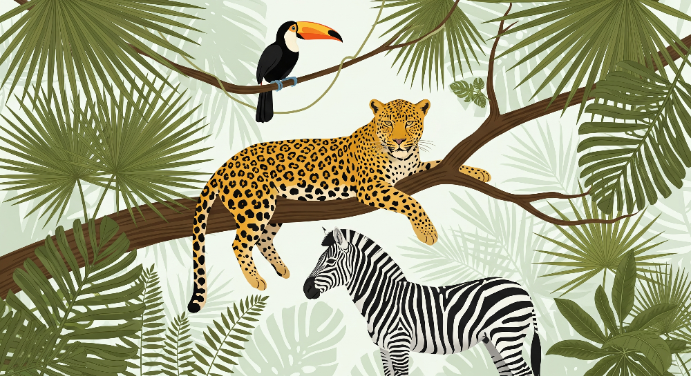 Leopard, Toucan and Zebra Jungle Wall Mural