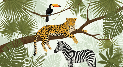Kids-Mundo flat artwork of the leopard, toucan and zebra jungle wall mural design on branches.