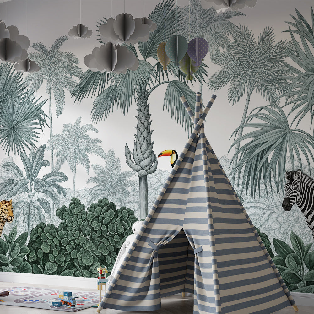 Kids-Mundo jungle wall mural with leopard, toucan and zebra behind a bed in a bedroom