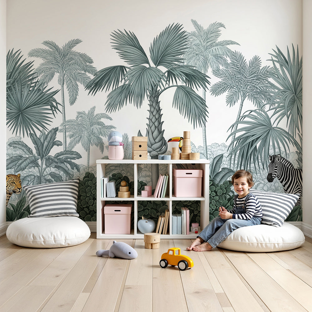 Kids-Mundo leopard and zebra jungle wall mural behind a cot in a sage green nursery