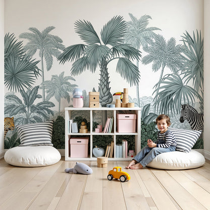 Kids-Mundo leopard and zebra jungle wall mural behind a cot in a sage green nursery