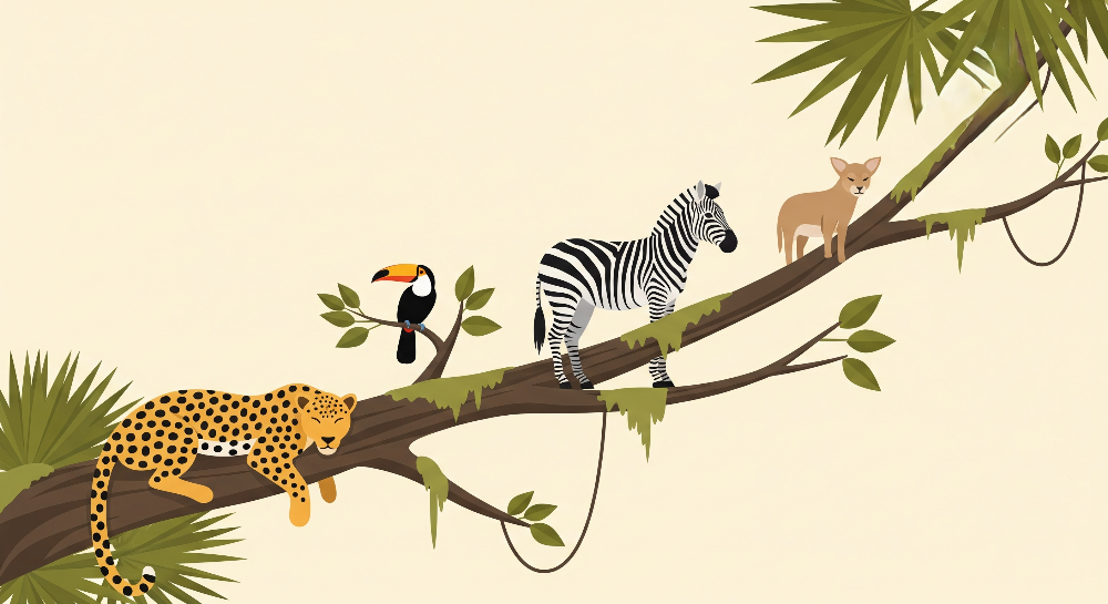 Leopard, Zebra and Toucan Jungle Branch Wall Mural