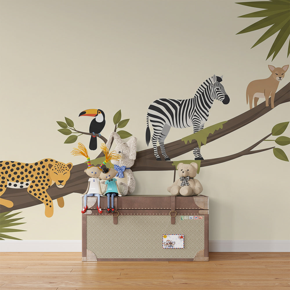 Kids-Mundo leopard, zebra and toucan mural covering a playroom wall for imaginative animal play.