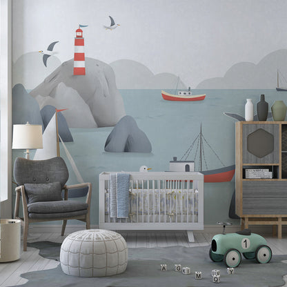 Kids-Mundo coastal lighthouse wall mural with sailboats shown in a bright playroom