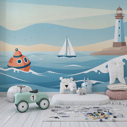 Kids-Mundo lighthouse and submarine wall mural featured in a playful children's bedroom