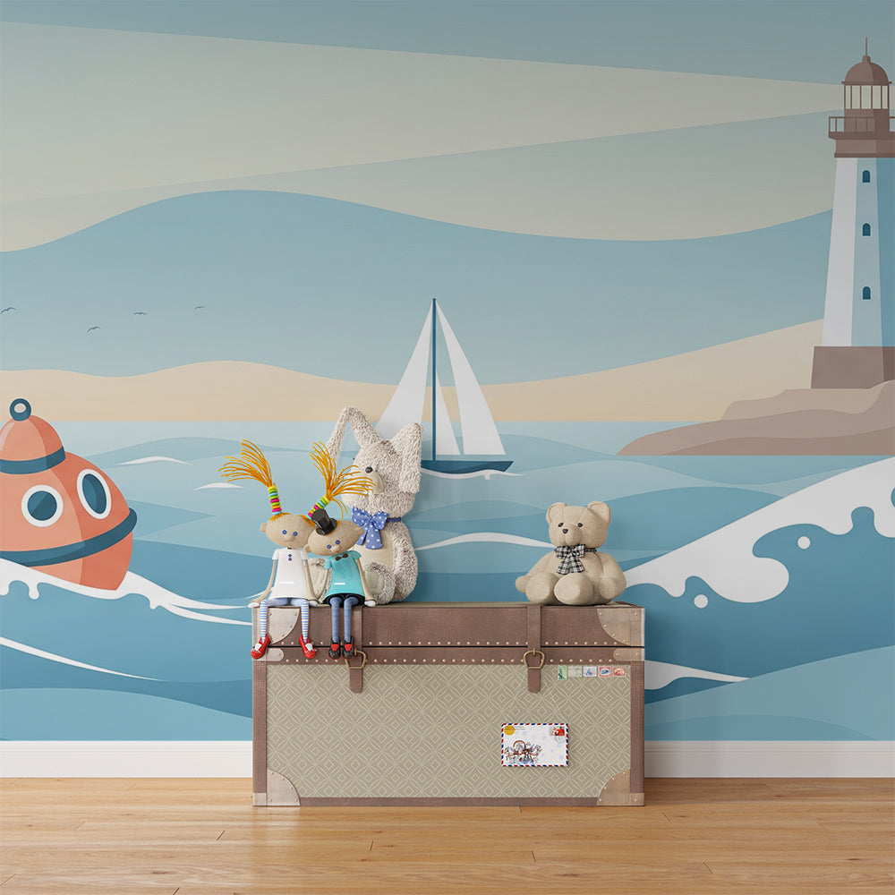 Nautical wall mural from Kids-Mundo brightening a seaside-themed children's playroom