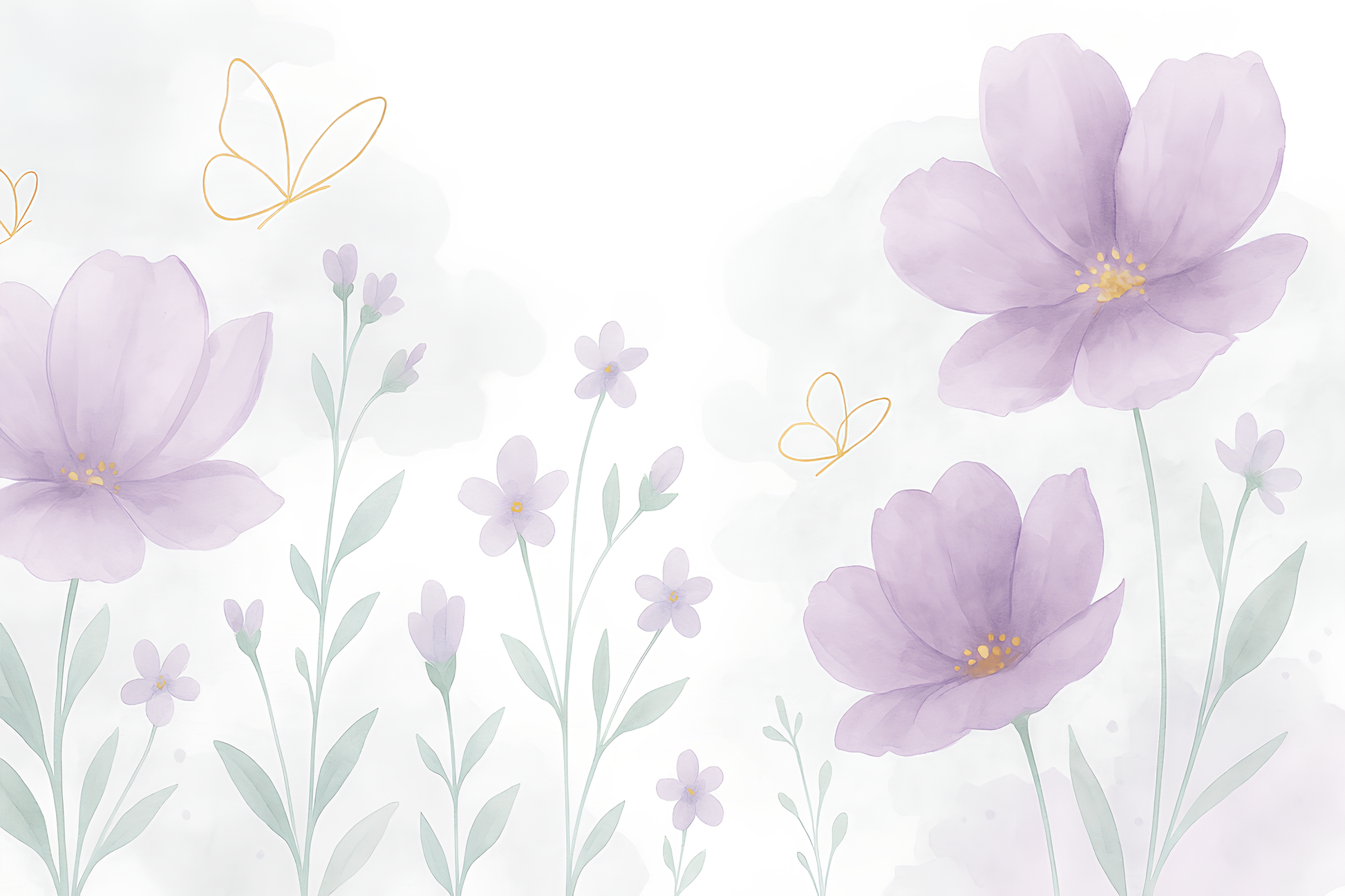 Flat artwork of the Kids-Mundo lilac watercolour floral wall mural with gold butterflies