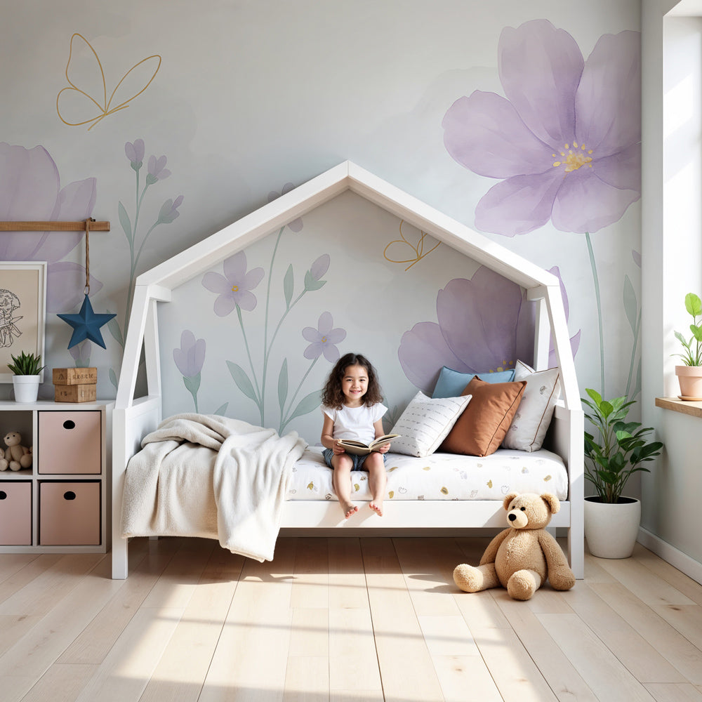 Kids-Mundo lilac floral wall mural with gold butterflies in a soft girls nursery