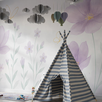 Kids-Mundo floral butterfly wall mural styled in a bright playroom reading corner