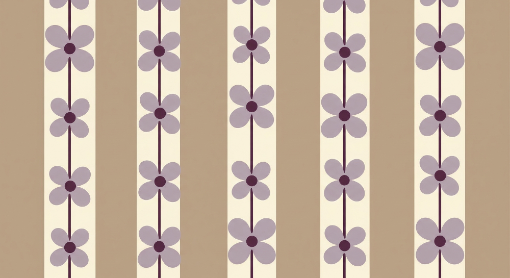 Flat artwork of the Kids-Mundo lilac floral stripe wall mural pattern on a cream background