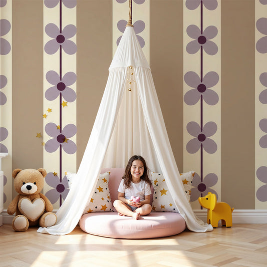 Kids-Mundo lilac floral stripe wall mural in a bright nursery with a cot and soft furnishings