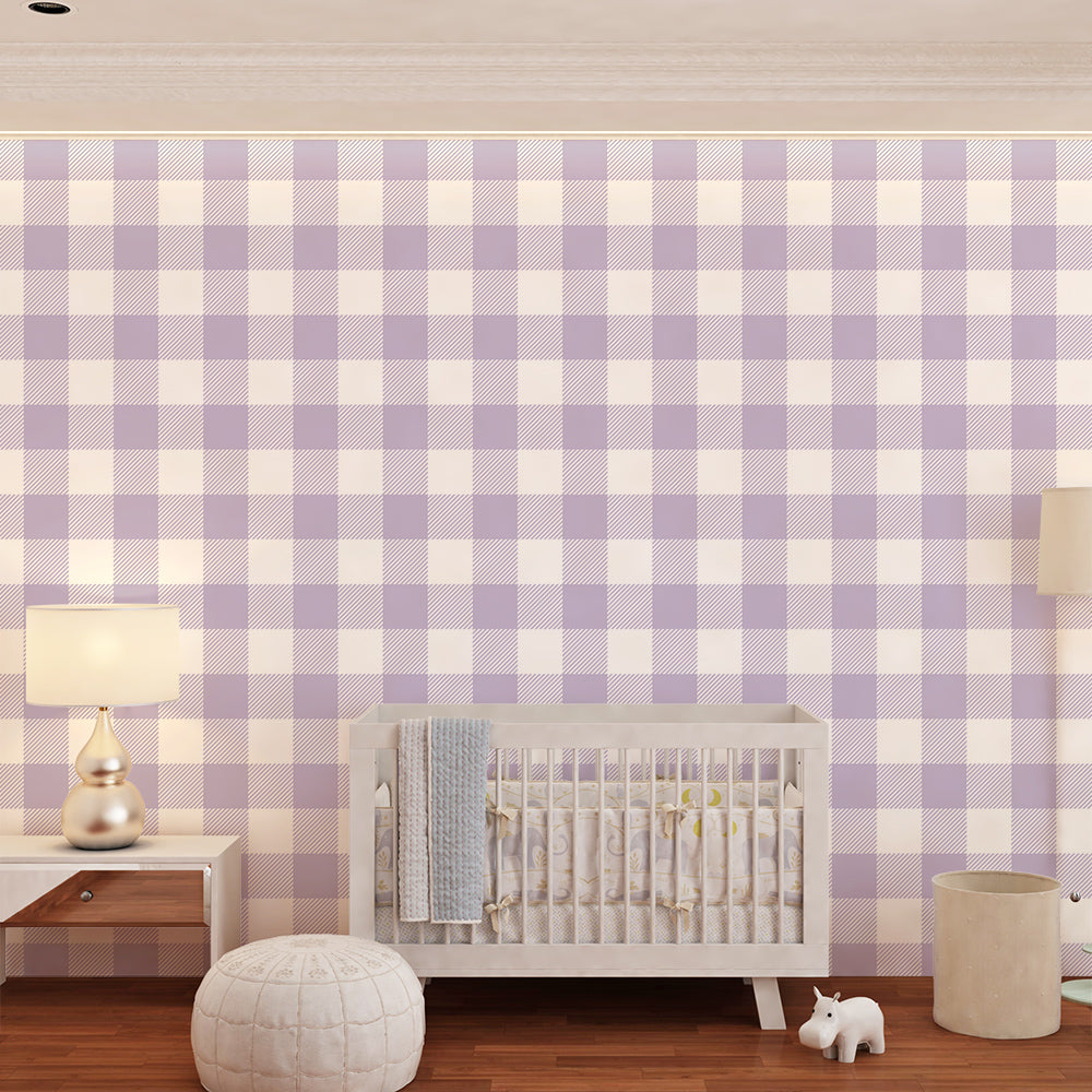 Lilac gingham check wall mural by Kids-Mundo covering a full wall in a child's bedroom.