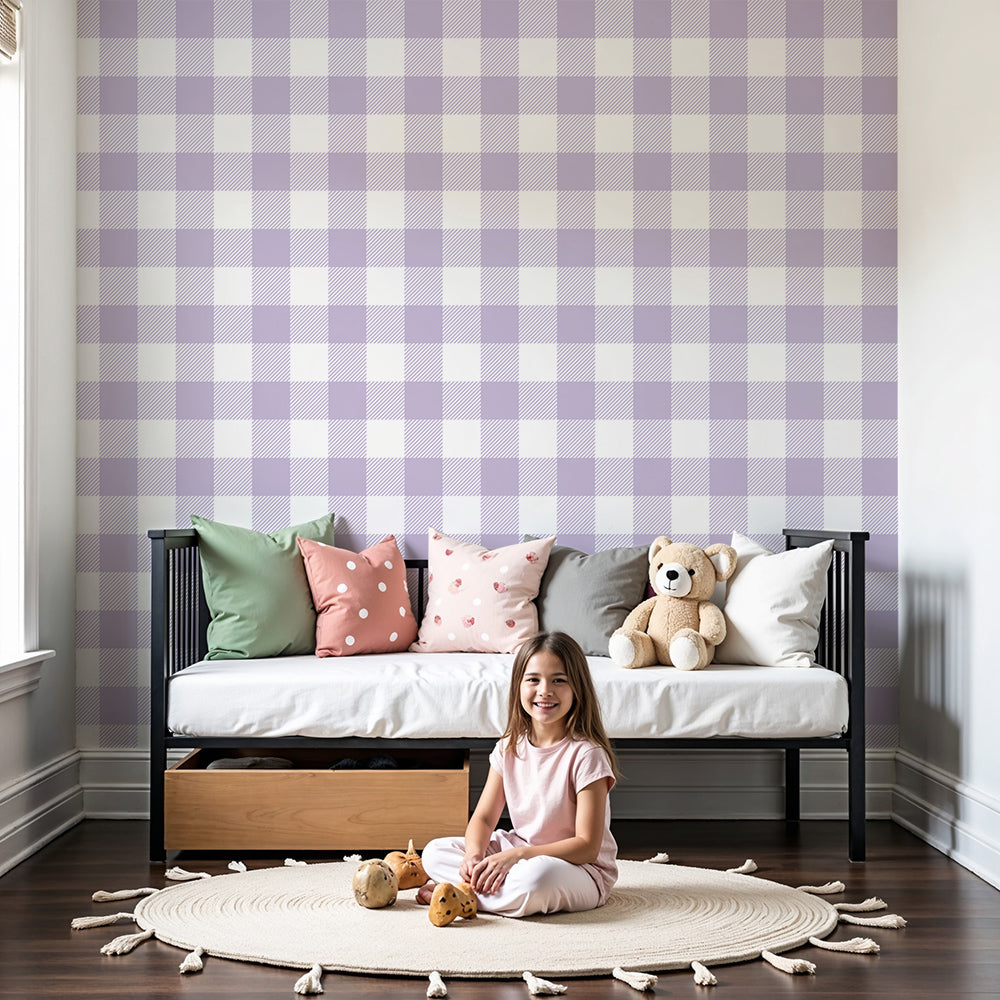 Kids-Mundo lilac gingham check wall mural styled on a feature wall in a soft nursery.
