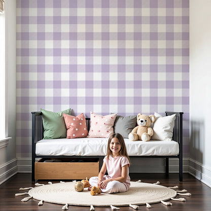 Kids-Mundo lilac gingham check wall mural styled on a feature wall in a soft nursery.