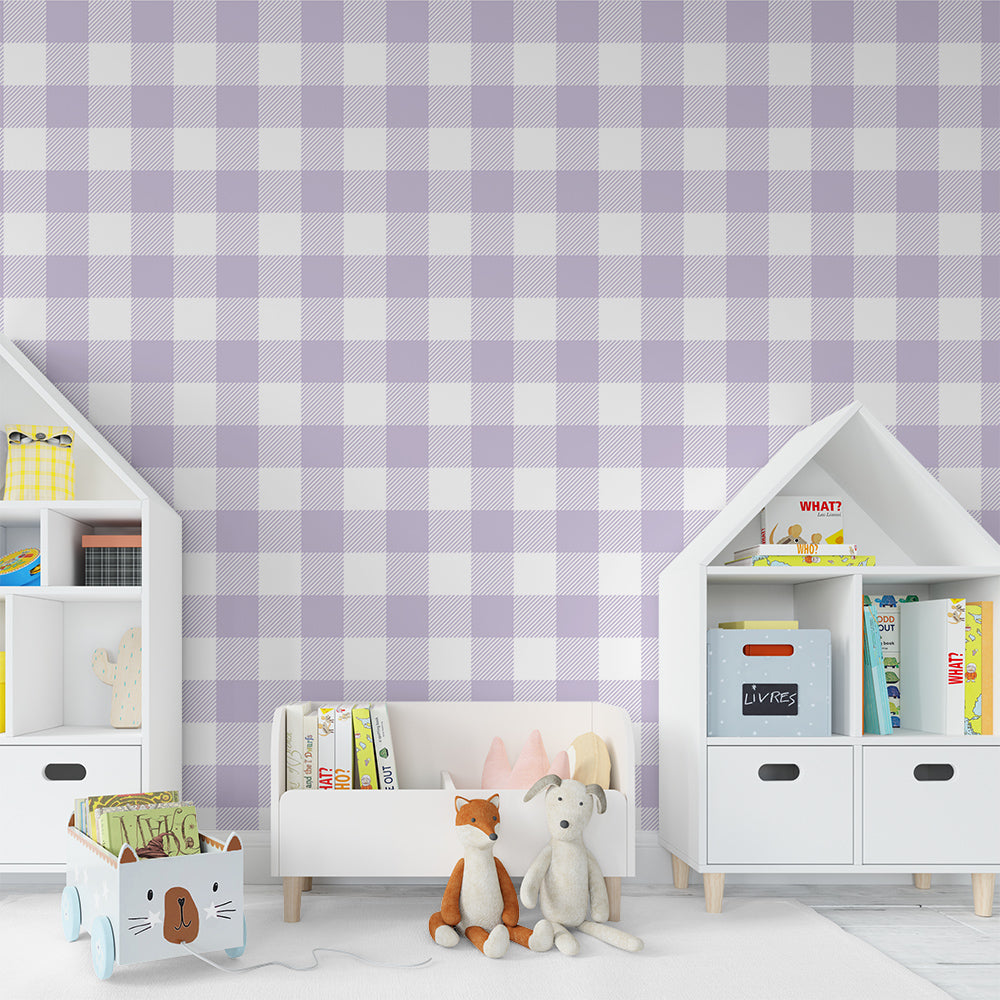 Kids-Mundo lilac gingham wall mural giving a tidy, classic look to a playroom wall.
