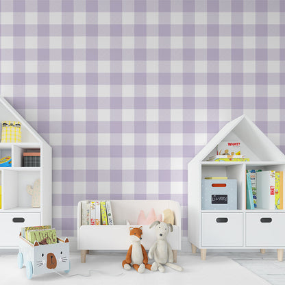 Kids-Mundo lilac gingham wall mural giving a tidy, classic look to a playroom wall.