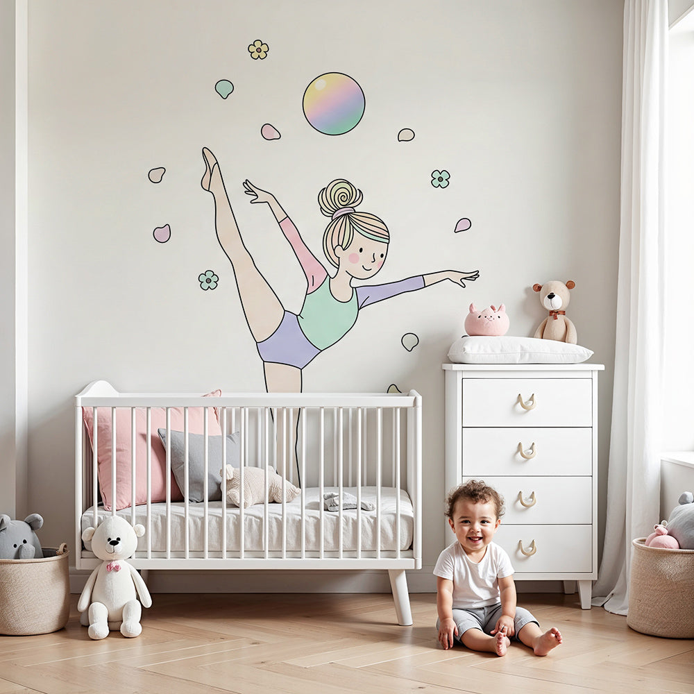 Kids-Mundo line art ballerina wall mural styled in a soft, calm nursery room