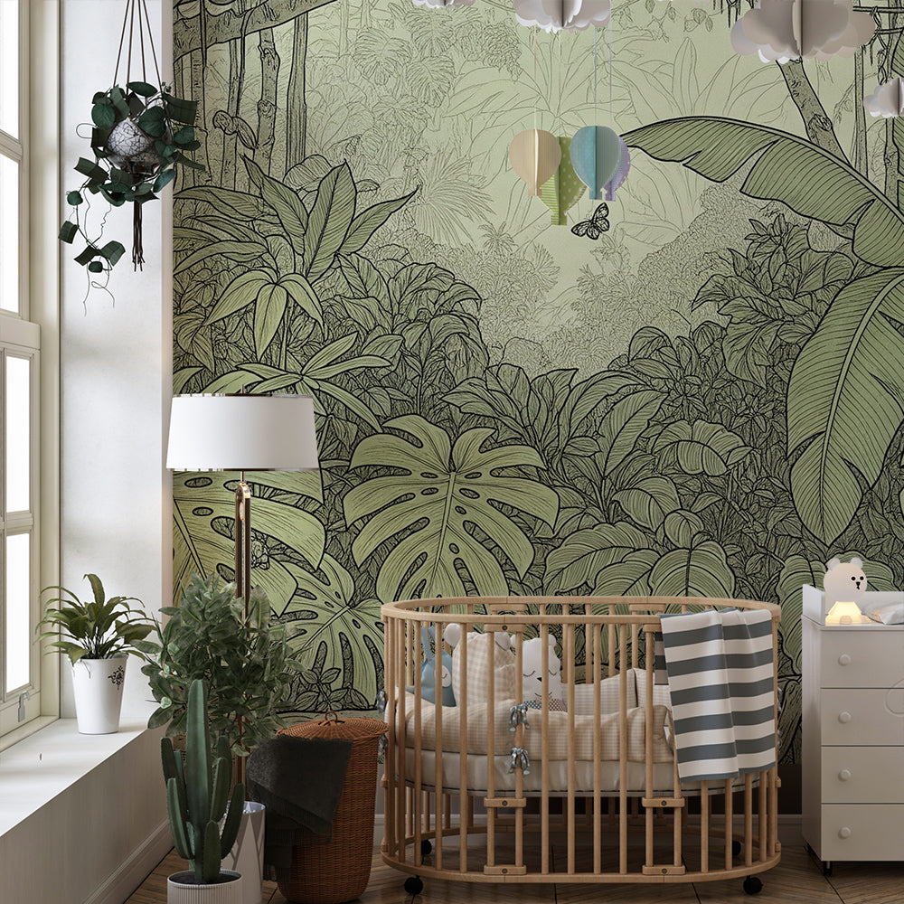 Kids-Mundo botanical jungle mural styled on a quiet kids bedroom wall in muted sage green.