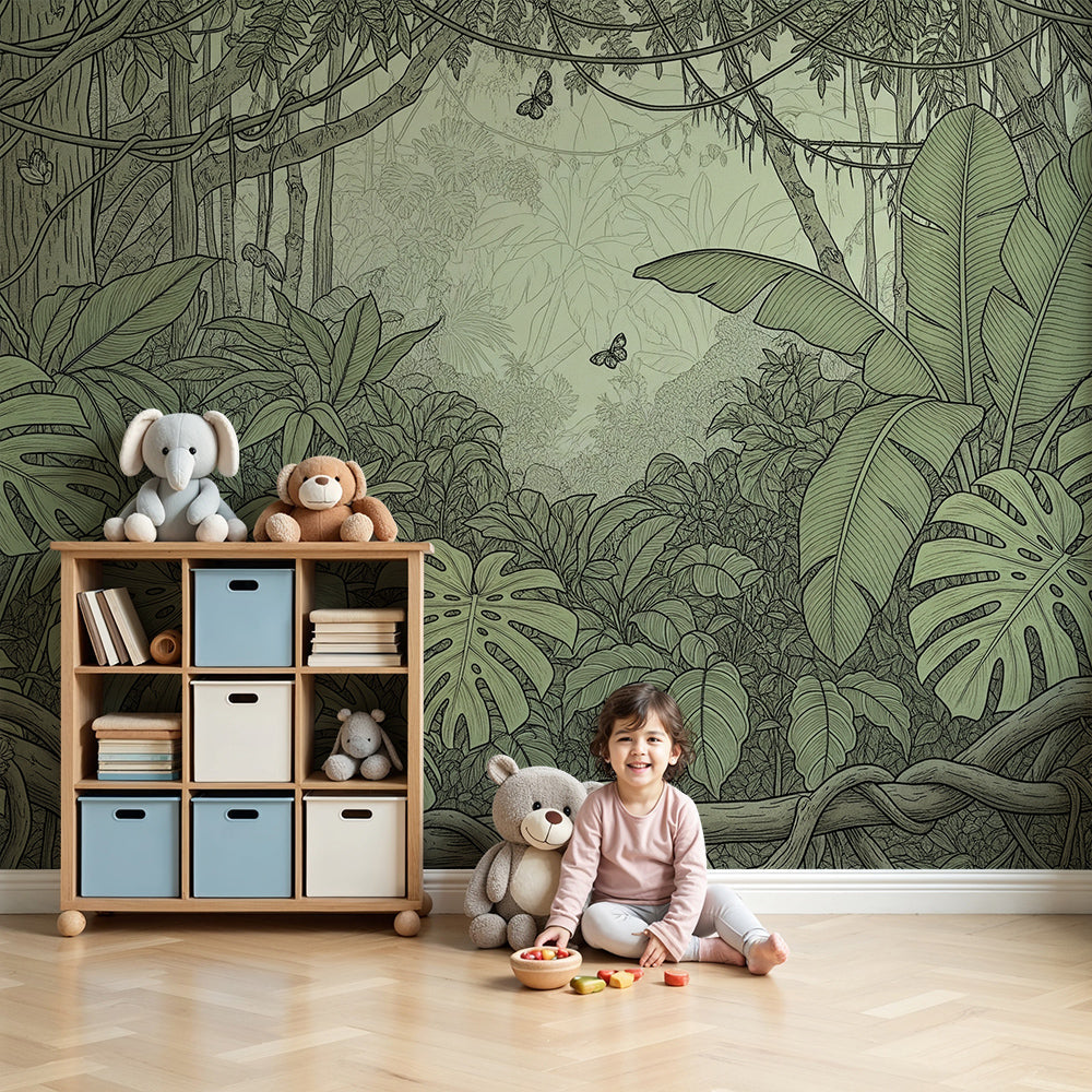 Kids-Mundo line-art jungle foliage wall mural made to measure for a calm nursery wall.
