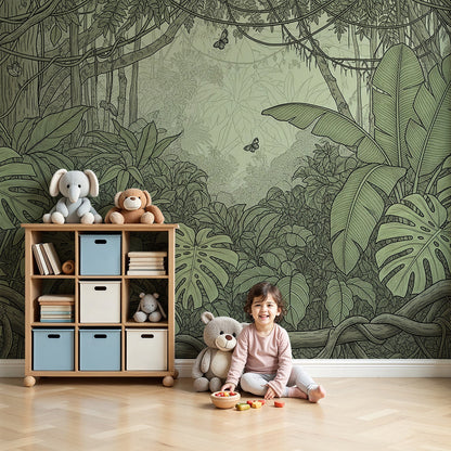 Kids-Mundo line-art jungle foliage wall mural made to measure for a calm nursery wall.