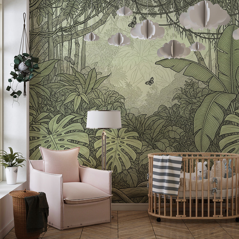 Kids-Mundo detailed jungle leaf wall mural bringing calm texture to a playroom.