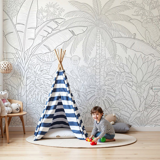 Kids-Mundo hand-drawn line art jungle wall mural with monkeys shown in a nursery
