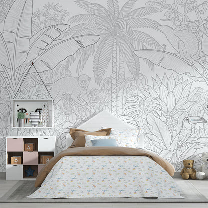 Kids-Mundo sketch-style line art jungle wall mural with toucans in a playroom