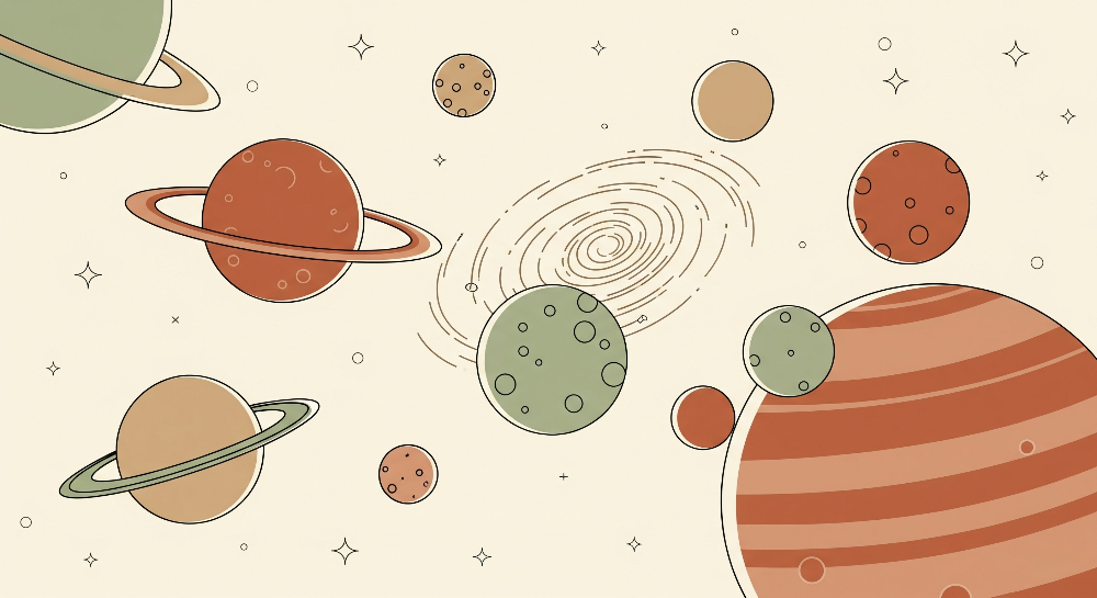 Kids-Mundo flat artwork of line drawn planets and a soft galaxy on cream